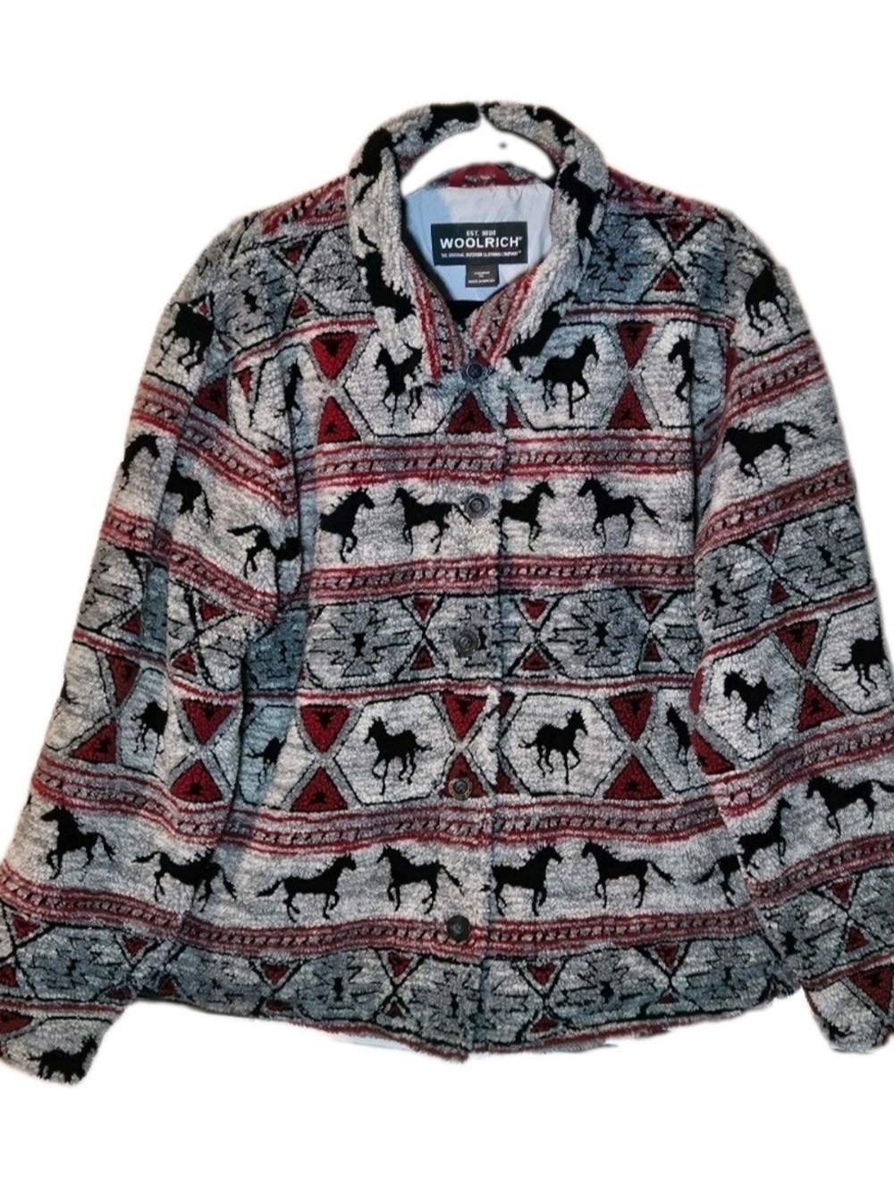 Woolrich Vintage Horse Print Sherpa Fleece Jacket Coat XL Western